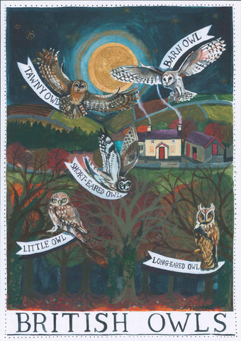 'British Owls' Poster by Lizzie Spikes