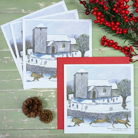 'Church and Hares' Christmas Cards by Lizzie Spikes