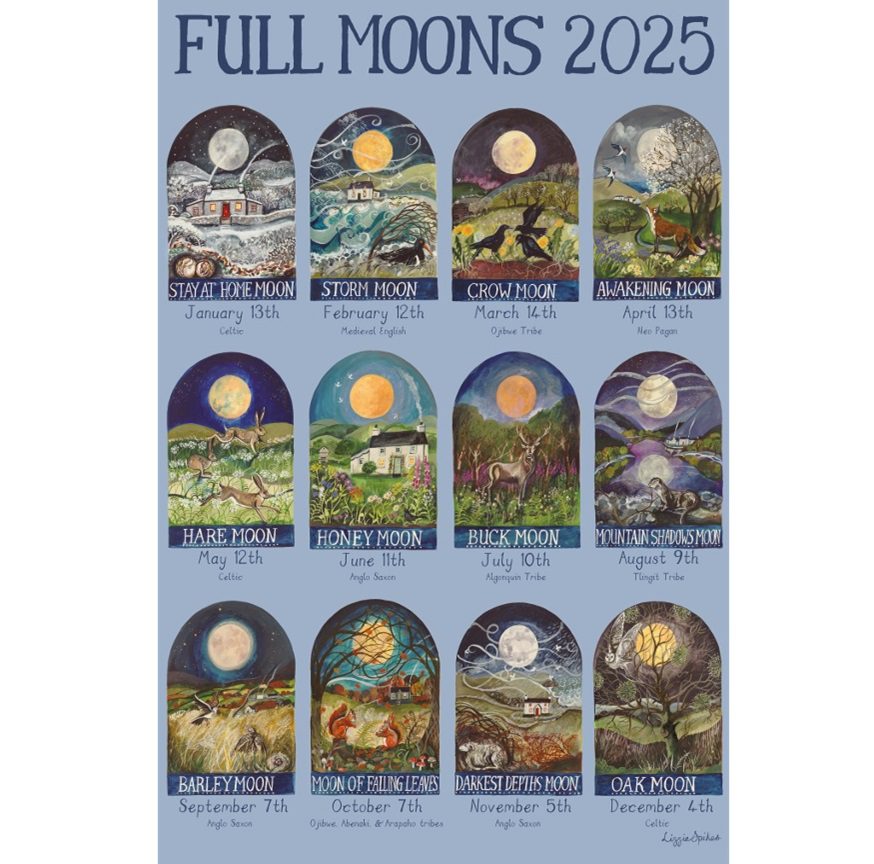 'Full Moons 2025' tea towel by Lizzie Spikes