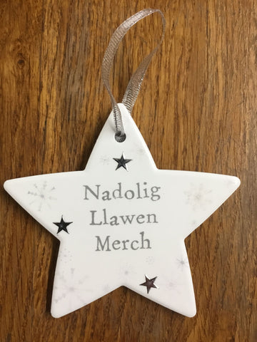 Ceramic Star Christmas Decoration - 'Nadolig Llawen Merch'