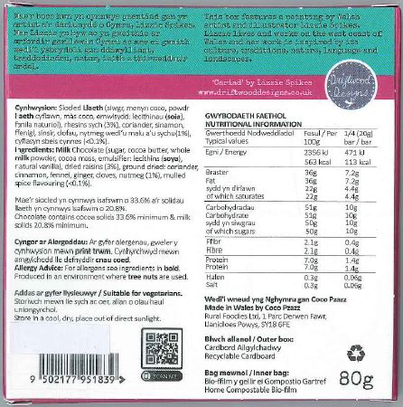 Coco Pzazz Bara Brith Milk chocolate bar - 'Cariad'