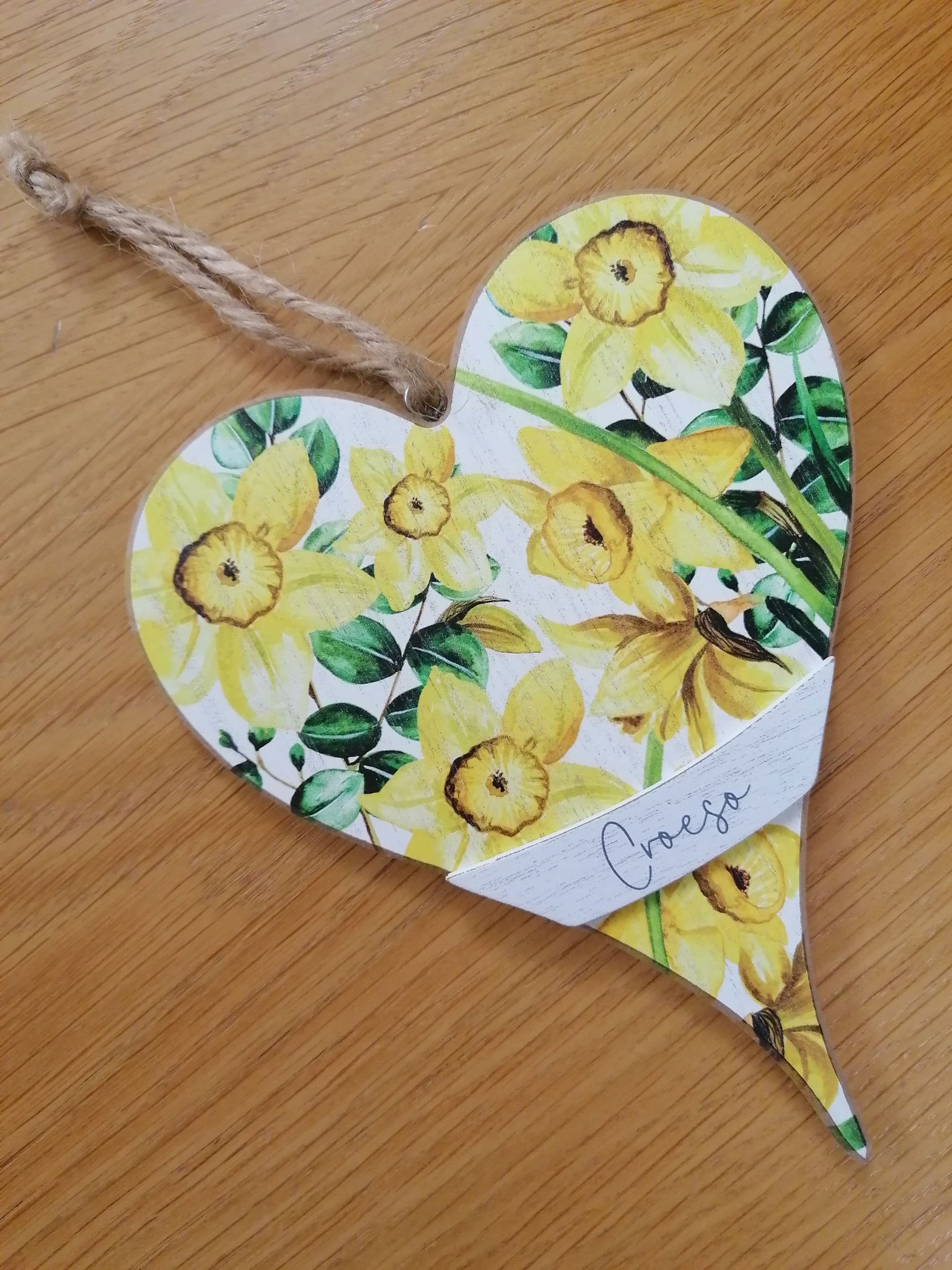 Wooden Heart Shaped Hanging Decoration - 'Croeso'