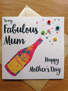 Sul y Mamau (Mother's Day) greetings card - 'Pom Poms and Prosecco' Design