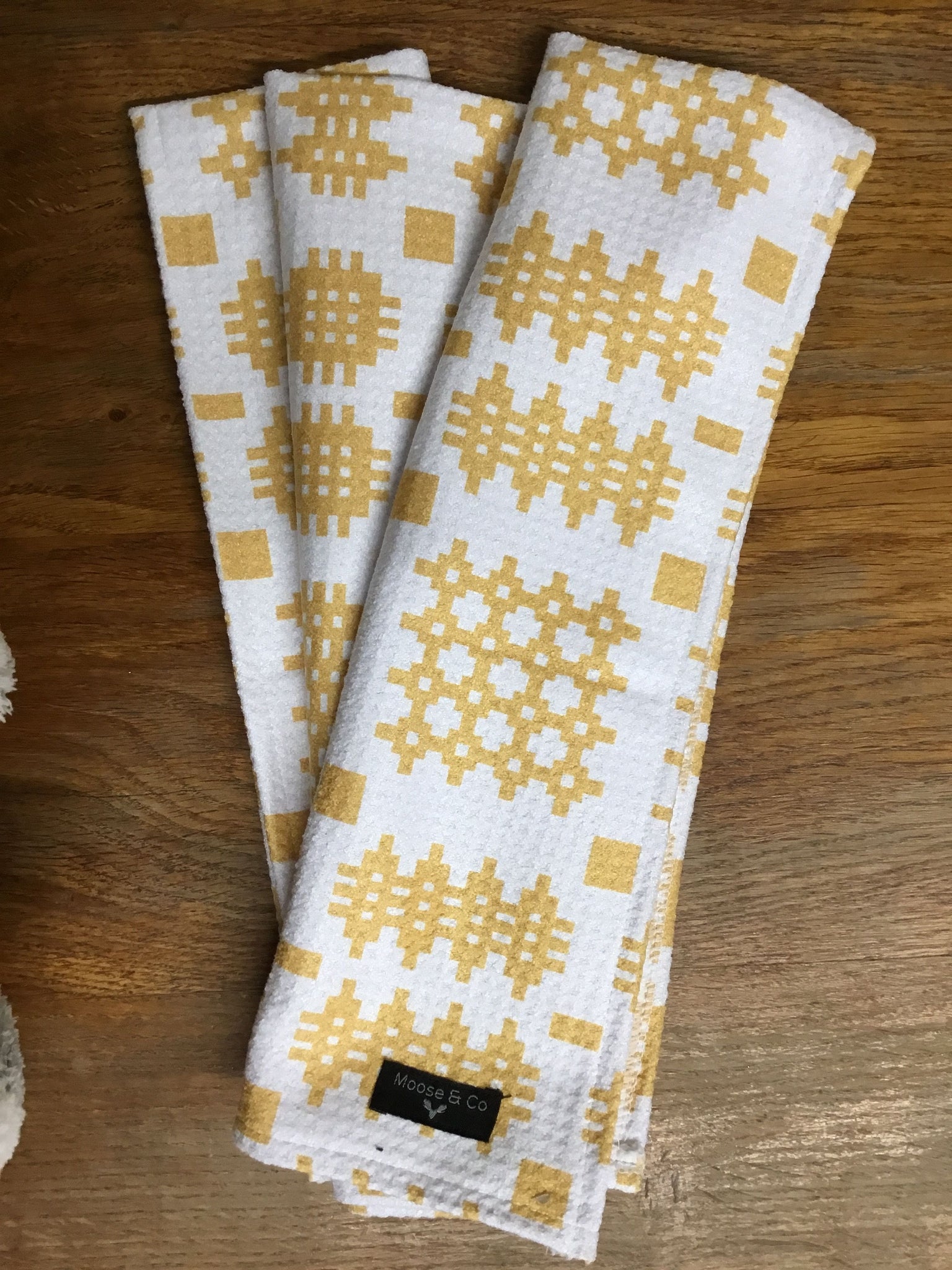 'Welsh Tapestry Print' (Mustard) Waffle Tea Towel