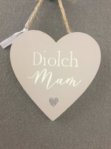 Wooden Heart Hanging Decoration 'Diolch Mam' (Thanks Mum)